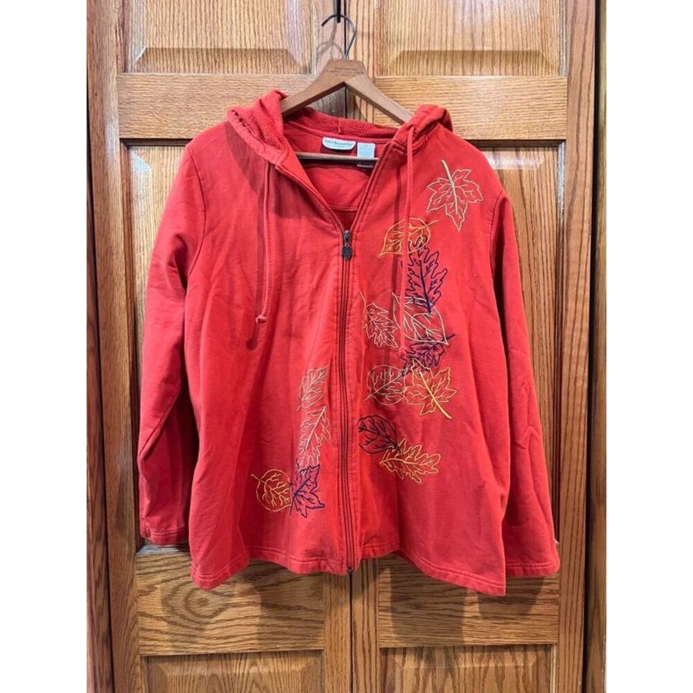 Breckenridge Woman 2X Red Embroidered Fall Leaves Full Zip Hoodie Sweatshirt